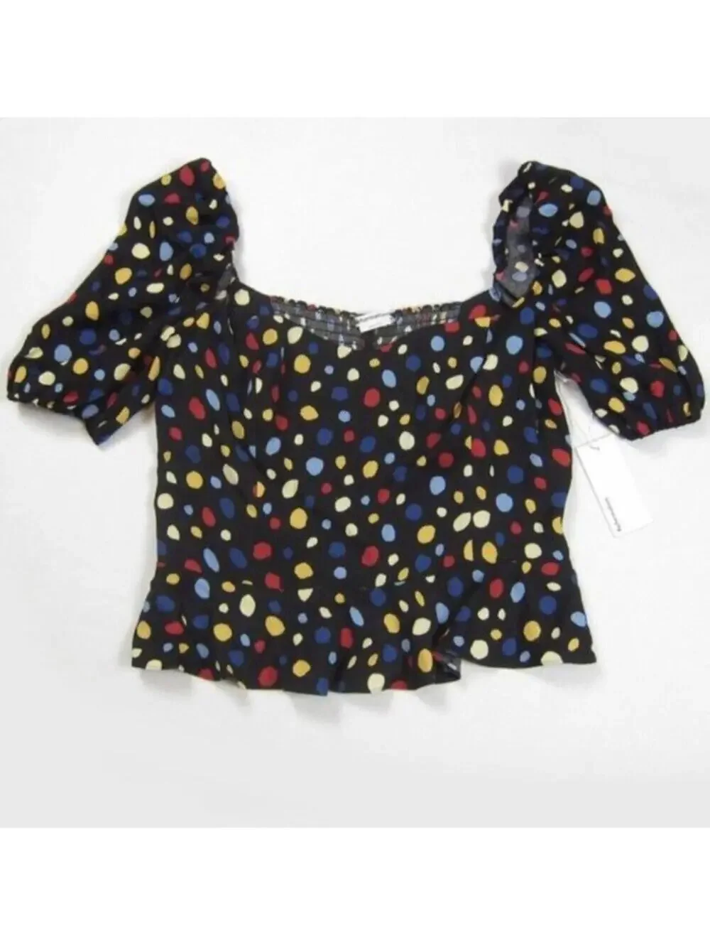 Reformation 12 Peplum Top Polka Dot Sweetheart Neck Short Puff Sleeves NEW